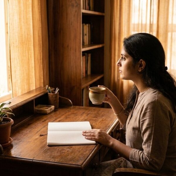 An Indian woman contemplating her Personal Opportunity Portfolio at a desk in warm afternoon light.