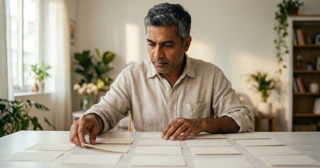An Indian entrepreneur organizes blank index cards, illustrating preparation systems to conquer fear in sales.