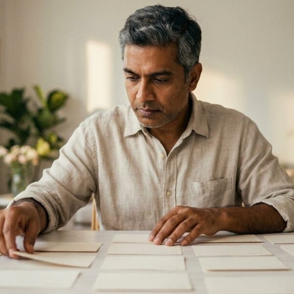 An Indian entrepreneur organizes blank index cards, illustrating preparation systems to conquer fear in sales.