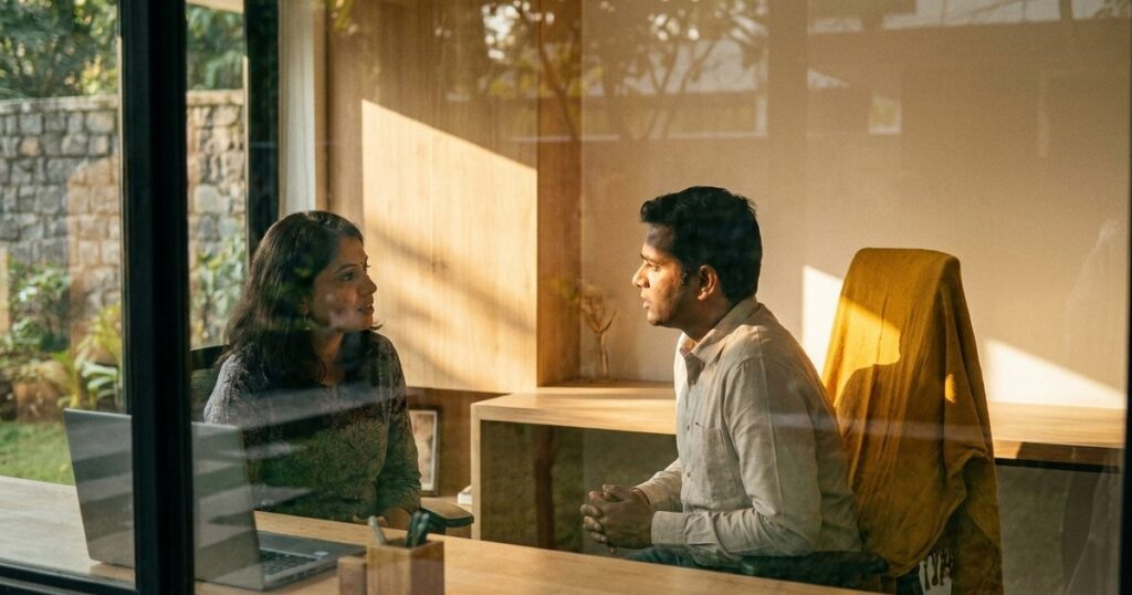 Business partners discuss goal setting in an office, highlighting NLP well-formed outcomes with warm daylight and decor.