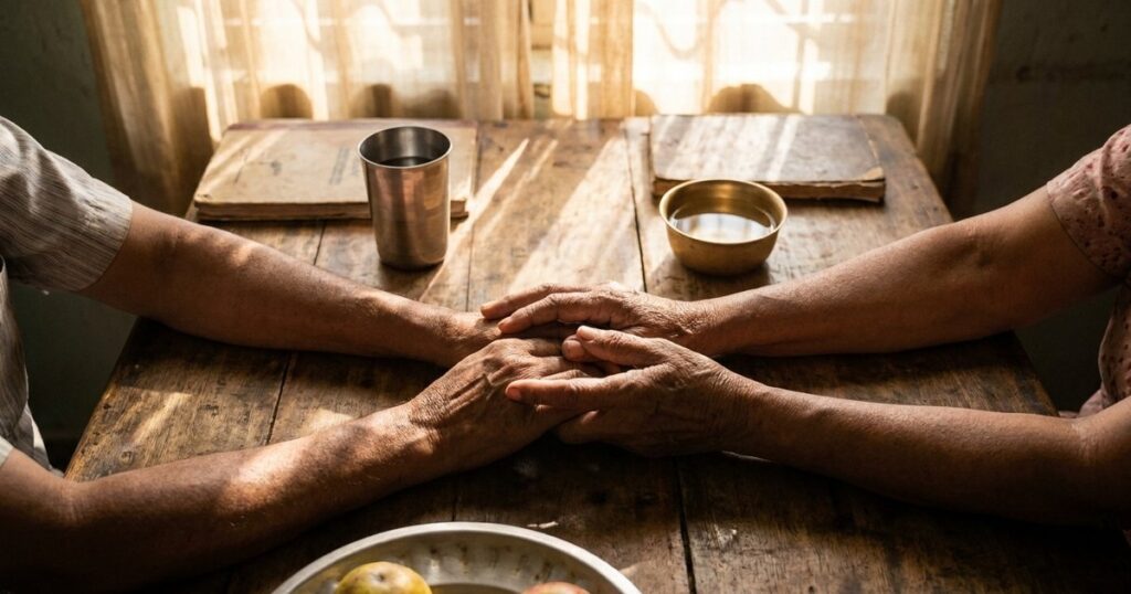 Hands held warmly over a dining table, illustrating support and partnership in Indian family dynamics discussed in the article.