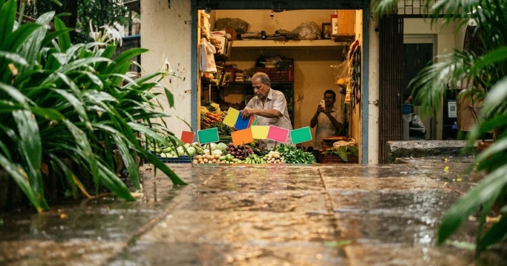 A shopkeeper arranges UPI QR code signs in an Indian storefront, illustrating digital payment systems in India.