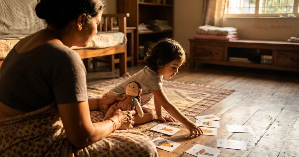 A mother and daughter play together in an Indian home, exploring flashcards, reflecting on entrepreneurial values.