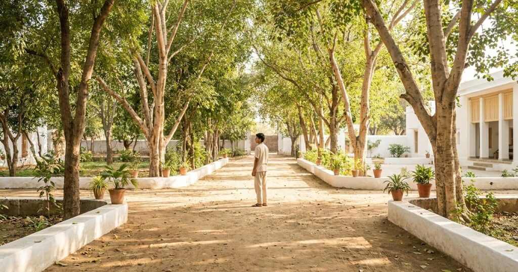 A young adult in an Indian courtyard, pondering life choices amid family pressure and social expectations.