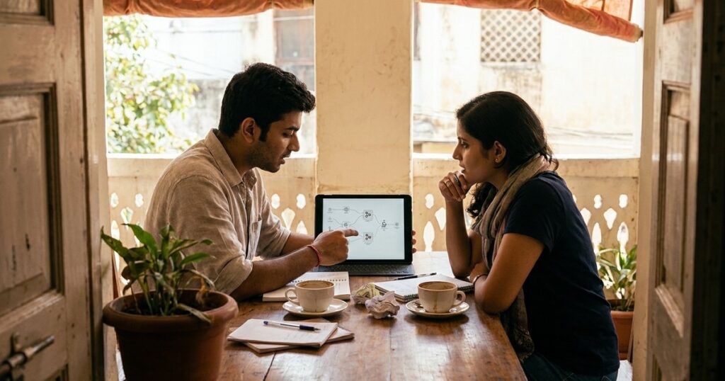 Two Indians discuss optimizing tasks using AI at a café, with workflow charts on a tablet and notes around them.