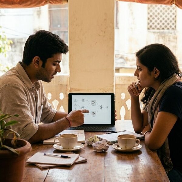 Two Indians discuss optimizing tasks using AI at a café, with workflow charts on a tablet and notes around them.