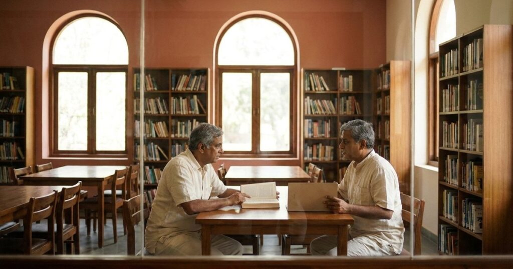 Two Indian investors discuss history and accounting while learning continuously in a library.