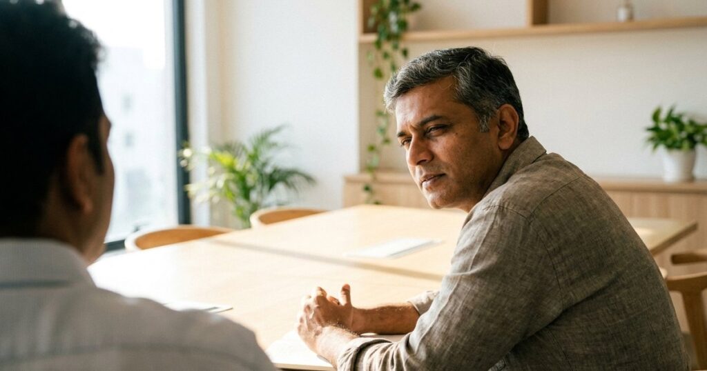 A business executive in a sunlit room demonstrating sensory acuity through attentive listening and subtle posture changes.