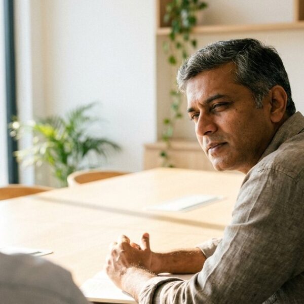 A business executive in a sunlit room demonstrating sensory acuity through attentive listening and subtle posture changes.
