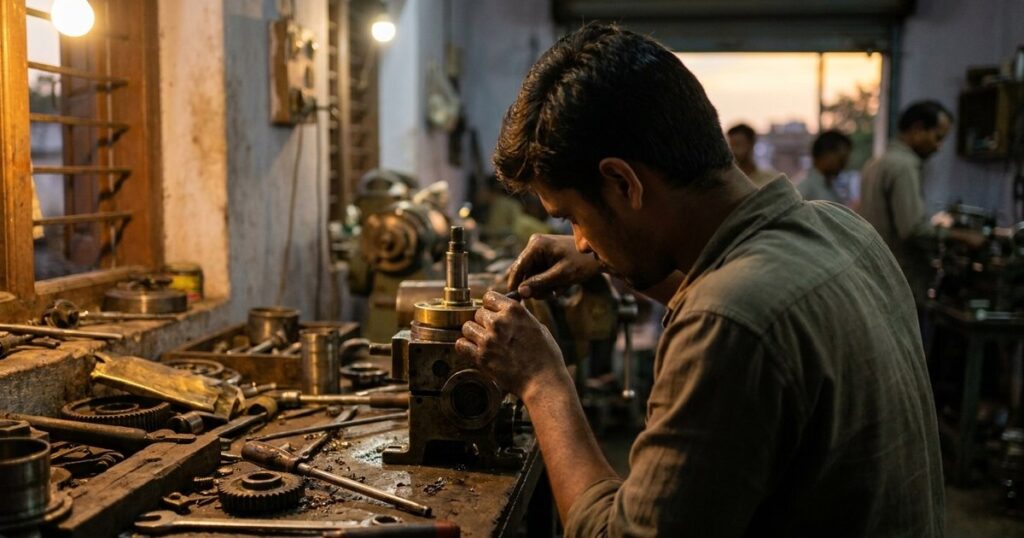 An Indian artisan in a workshop repairing a machine part, illustrating the hidden job market in India.