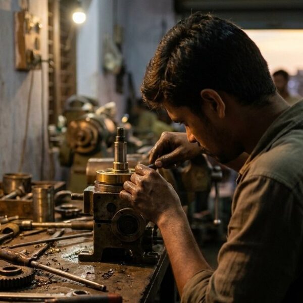 An Indian artisan in a workshop repairing a machine part, illustrating the hidden job market in India.