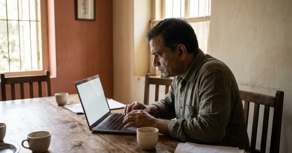 An entrepreneur drafts an email on a laptop, embodying the topic of family borrowing challenges in business.
