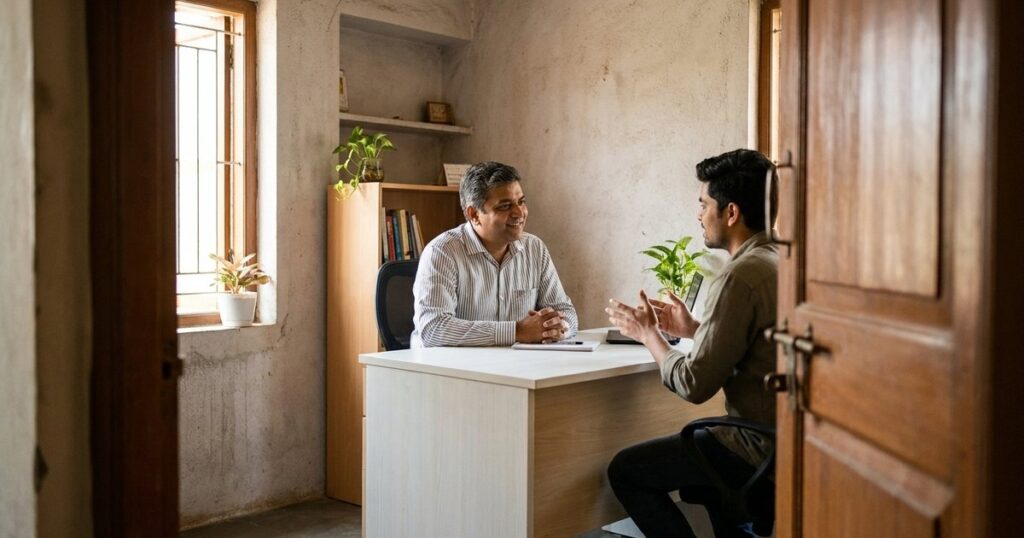 An Indian professional converses with a visitor in an office, illustrating respectful job learning strategies.