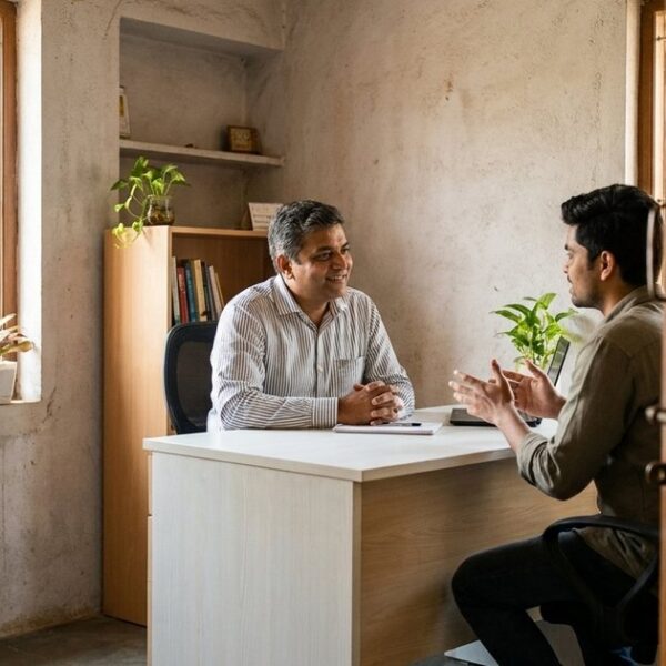 An Indian professional converses with a visitor in an office, illustrating respectful job learning strategies.