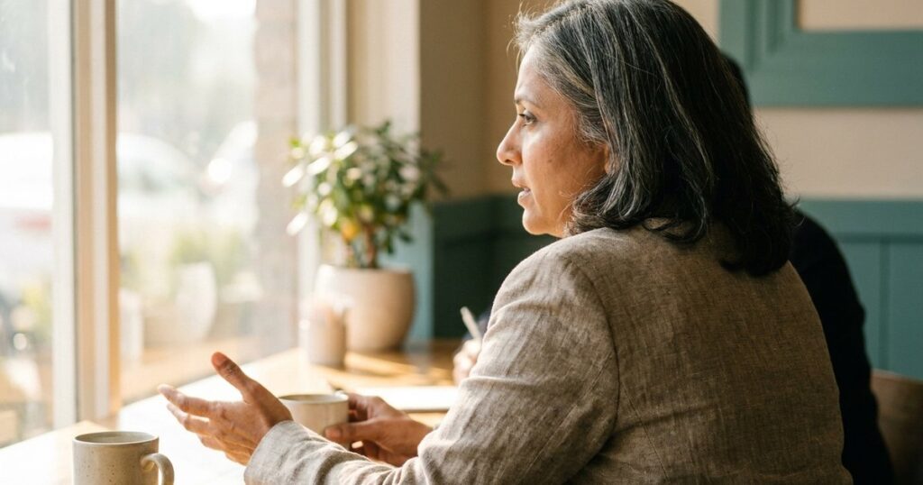 Indian businesswoman at a café discussing language patterns for influence and clarity in communication.
