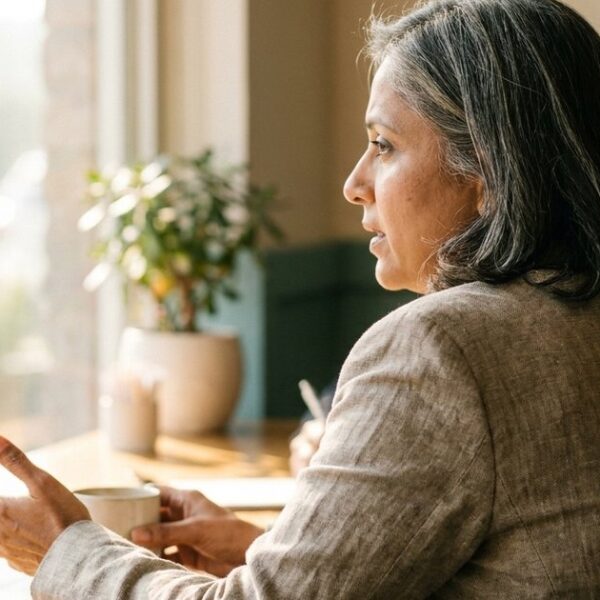 Indian businesswoman at a café discussing language patterns for influence and clarity in communication.
