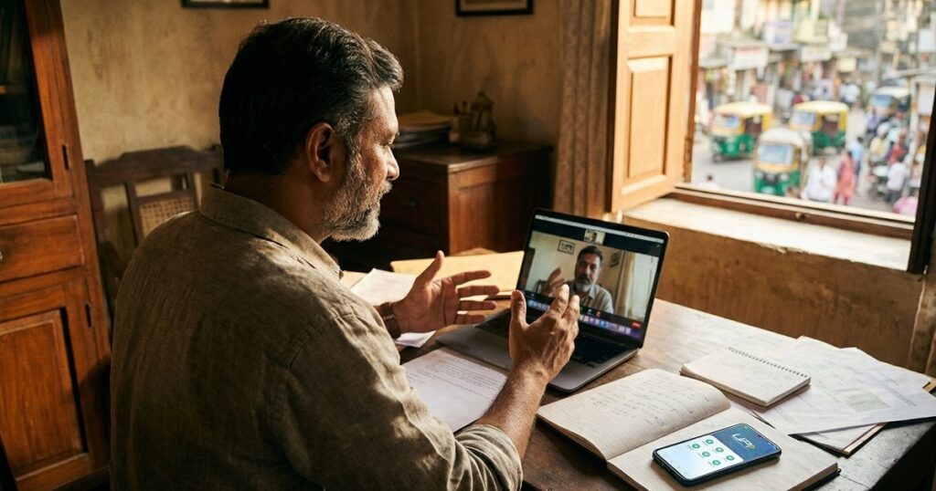 Entrepreneur in India discussing project launch strategies via video call with UPI payment visible, suggesting adaptive outreach.