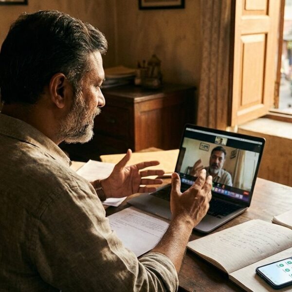 Entrepreneur in India discussing project launch strategies via video call with UPI payment visible, suggesting adaptive outreach.