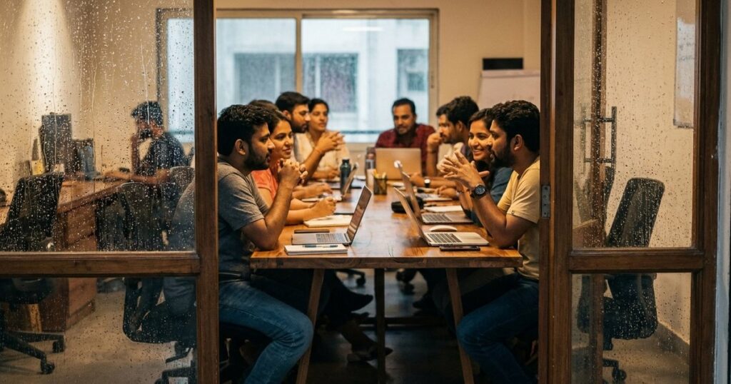 A vibrant Indian co-working space illustrating the concept of designing for opportunity through collaboration and energy.
