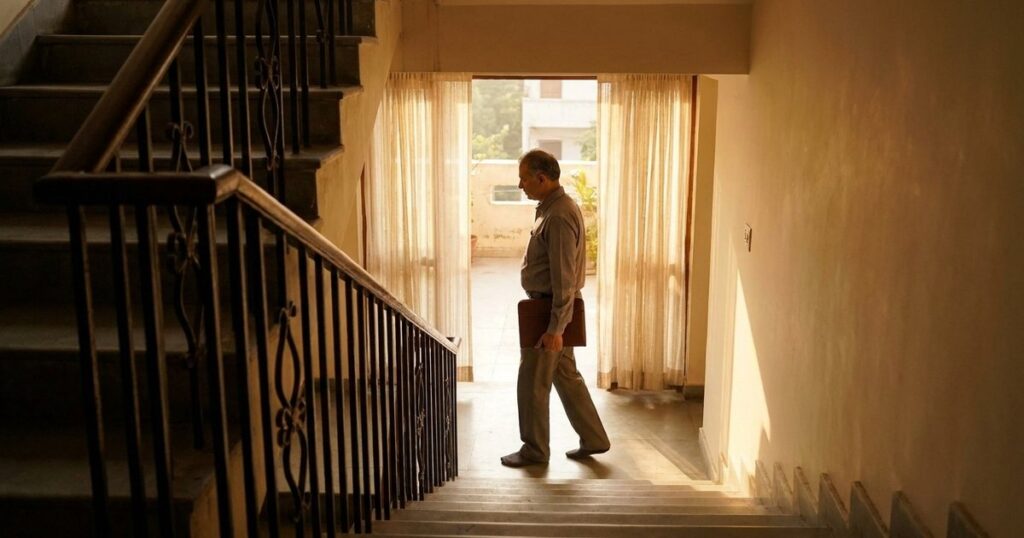 Indian investor calmly walking upstairs with a portfolio folder, representing disciplined temperament during market volatility