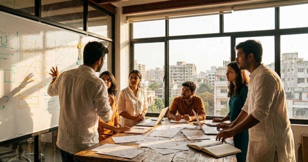 Indian entrepreneurs discussing in a sunlit workspace, symbolizing failure as data in Indian business.
