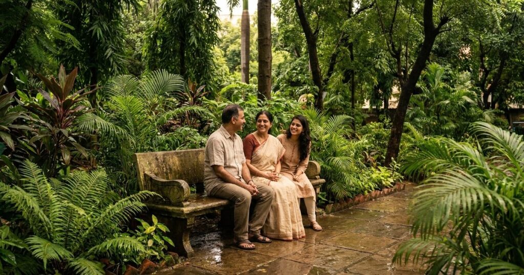 An Indian family discussing habits and energy management in a lush garden, illustrating momentum in projects.