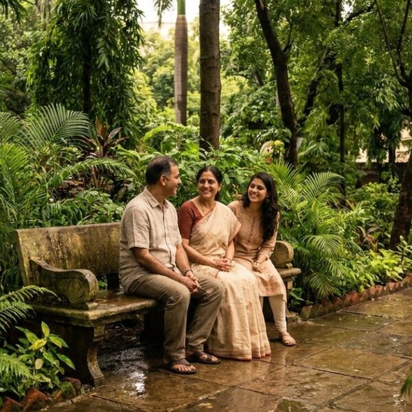 An Indian family discussing habits and energy management in a lush garden, illustrating momentum in projects.