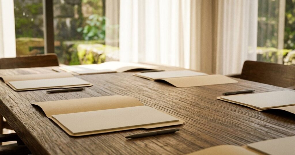 A wooden conference table with open folders and pens, symbolizing structured business meetings in an Indian context.