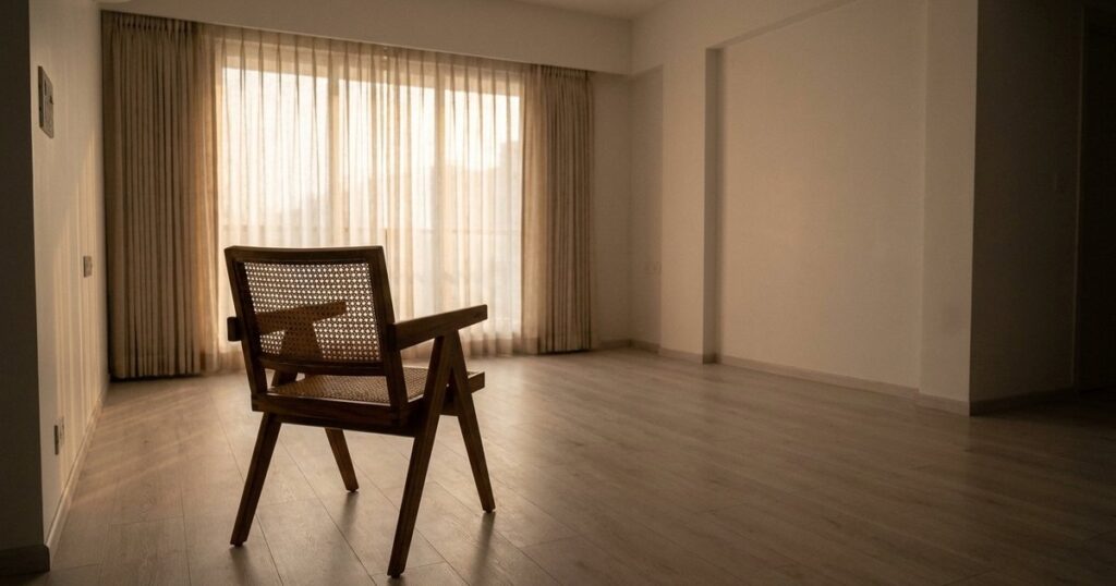 A quiet Indian living room with a solitary chair under soft morning light, symbolizing the art of closing sales.
