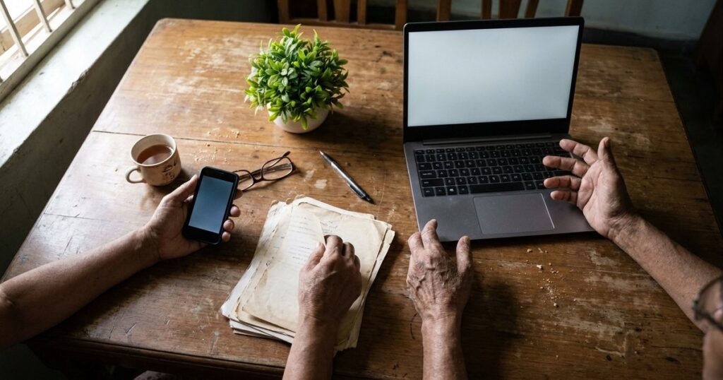 An Indian couple uses AI tools and family papers on a cluttered dining table, illustrating AI's role in balancing family life.