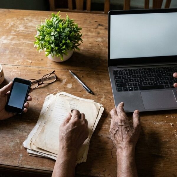 An Indian couple uses AI tools and family papers on a cluttered dining table, illustrating AI's role in balancing family life.
