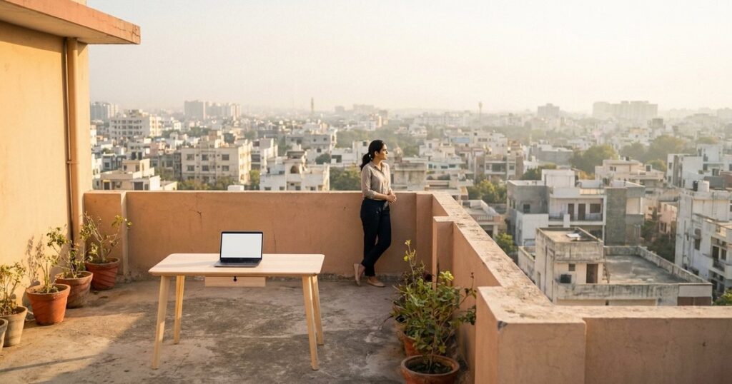 An Indian professional on a rooftop terrace symbolizes creating a personal website for job differentiation.