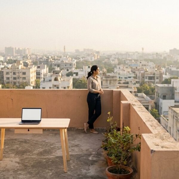 An Indian professional on a rooftop terrace symbolizes creating a personal website for job differentiation.