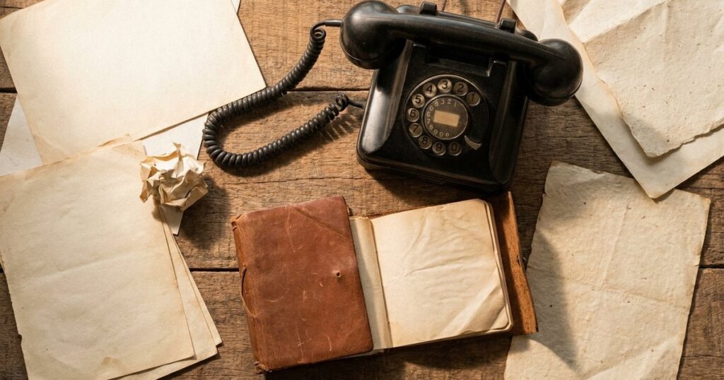 Overhead view of a vintage telephone and notes on an Indian-themed table, relating to founders doing initial sales themselves.