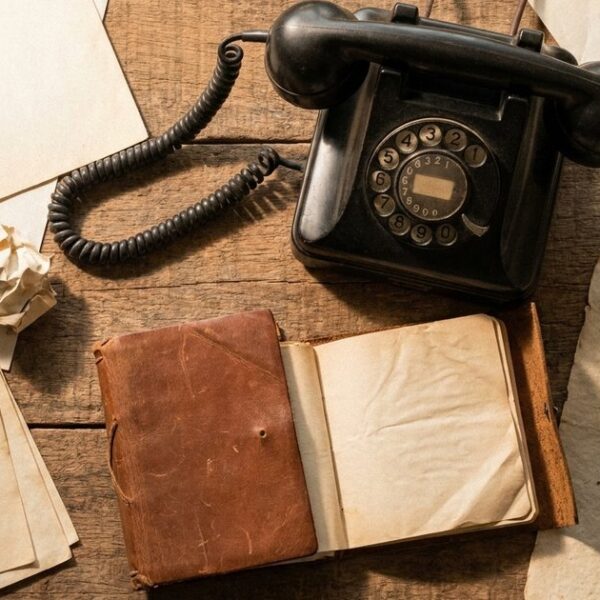 Overhead view of a vintage telephone and notes on an Indian-themed table, relating to founders doing initial sales themselves.