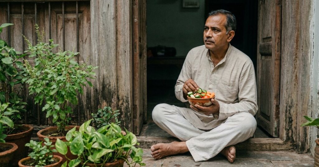 An Indian man sits in a doorway with a bowl of vegetables, symbolizing health habits discussed in the article.
