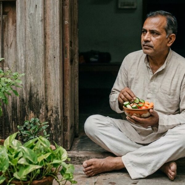 An Indian man sits in a doorway with a bowl of vegetables, symbolizing health habits discussed in the article.