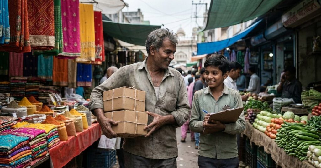 Indian father and son navigating a market with boxes, embodying family involvement in business success.