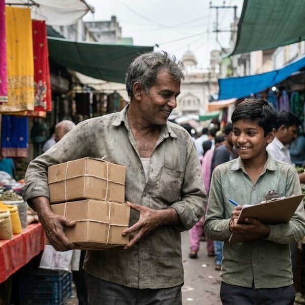 Indian father and son navigating a market with boxes, embodying family involvement in business success.