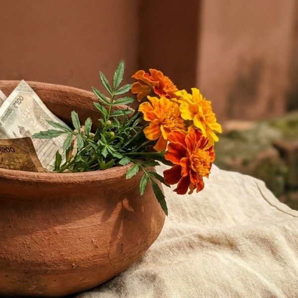 Close-up of a clay pot with currency and marigold, symbolizing negotiation and ethical influence in sales.