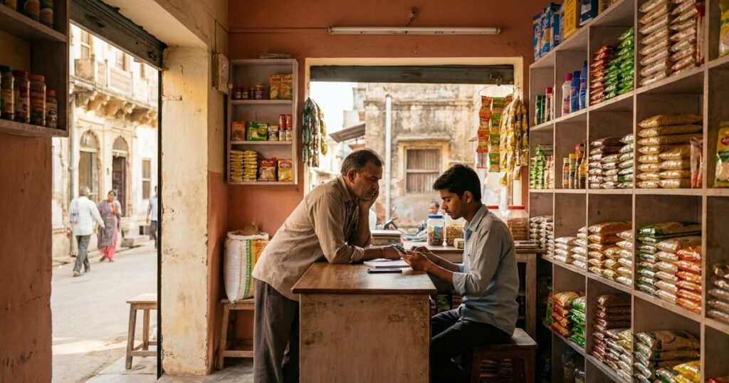 An Indian kirana shop scene illustrates proof of skill with a shop owner watching a helper use a mobile form at the counter.