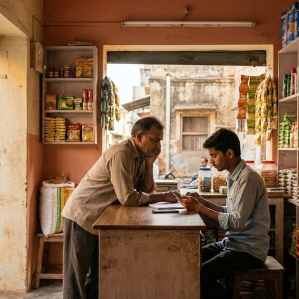 An Indian kirana shop scene illustrates proof of skill with a shop owner watching a helper use a mobile form at the counter.