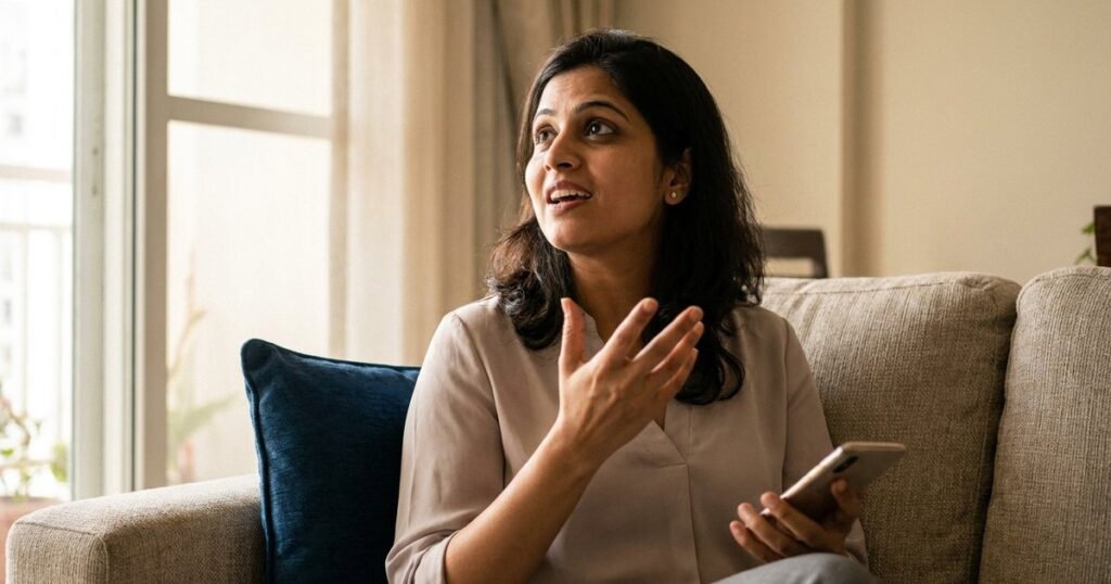 An Indian professional using a phone in a sunlit room, discussing scaling successful ventures for better work-life balance.