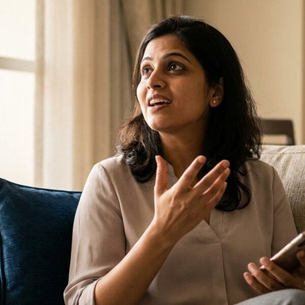 An Indian professional using a phone in a sunlit room, discussing scaling successful ventures for better work-life balance.