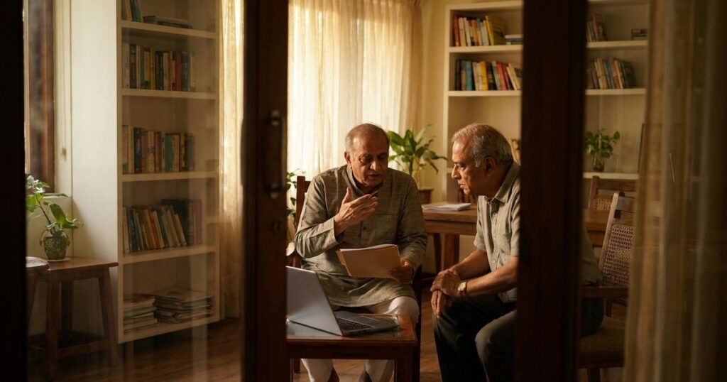 Two Indian investors discuss using artificial intelligence to research a company in warm morning light.