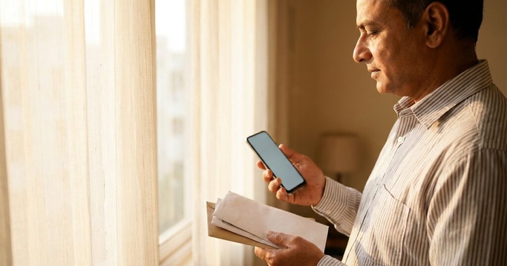Indian investor calmly automates a monthly investment plan at home in warm morning light