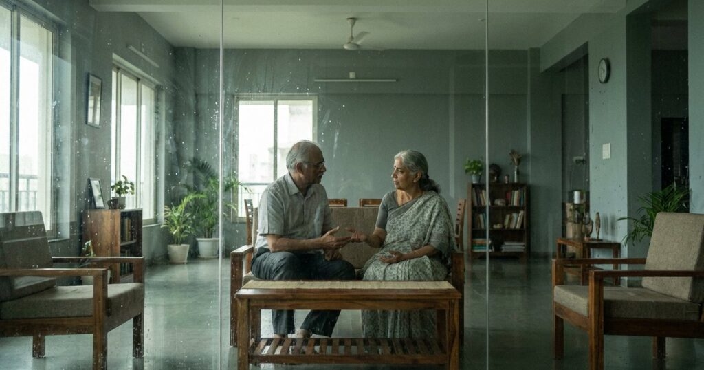 Two people discuss customer needs, highlighting learning through sales in a softly lit, open Indian setting.