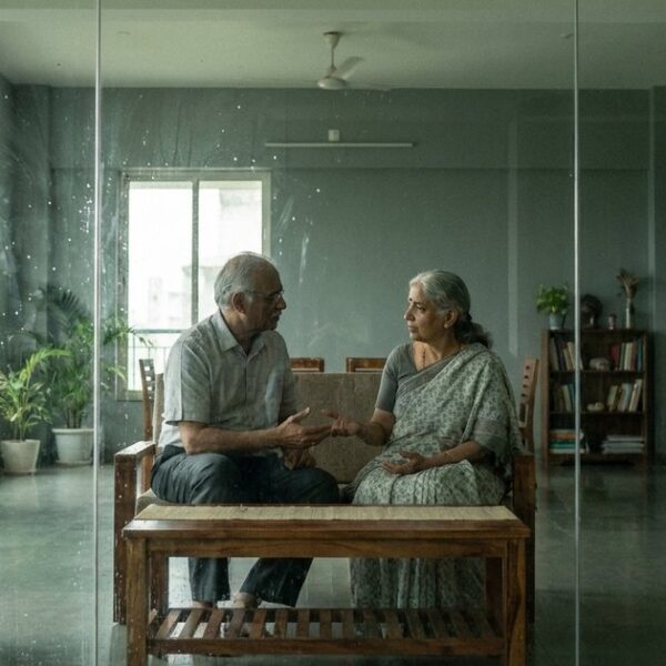 Two people discuss customer needs, highlighting learning through sales in a softly lit, open Indian setting.
