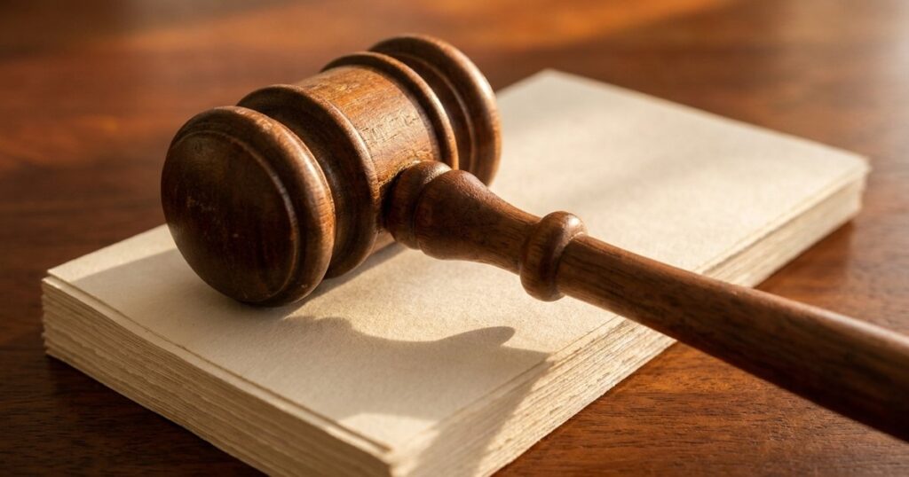 A close-up of a gavel on a desk, symbolizing leadership and conflict resolution in team management.
