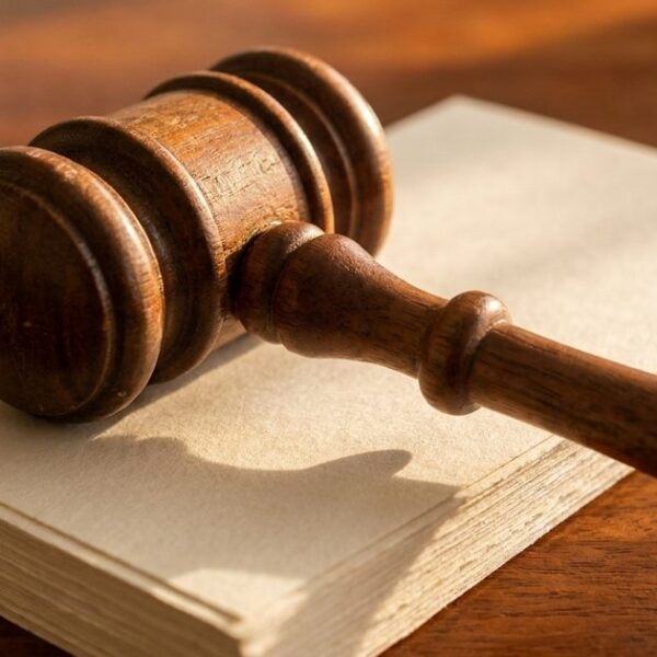 A close-up of a gavel on a desk, symbolizing leadership and conflict resolution in team management.
